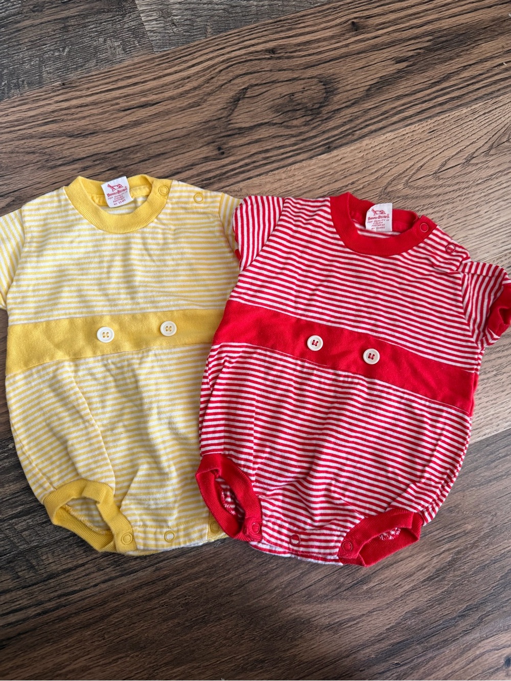 Vintage Buster Brown Bundle Two-Pack Striped Cotton One-Pieces in Yellow and Red